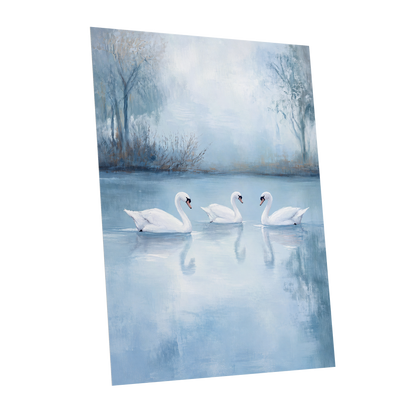 Swans in the Blue Stillness, blue, white, gray nature wall art shown as a unframed poster wall art print