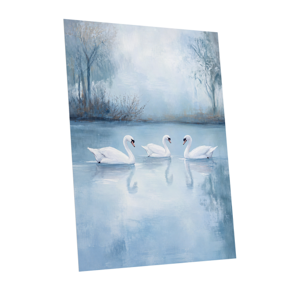 Swans in the Blue Stillness, blue, white, gray nature wall art shown as a unframed poster wall art print