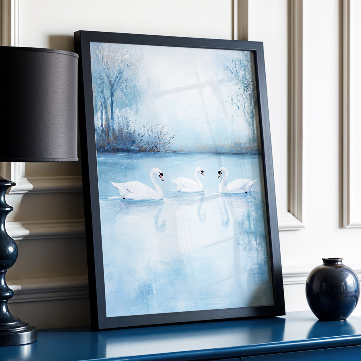 Swans in the Blue Stillness, blue, white, gray nature wall art displayed in a styled interior, gallery view 2