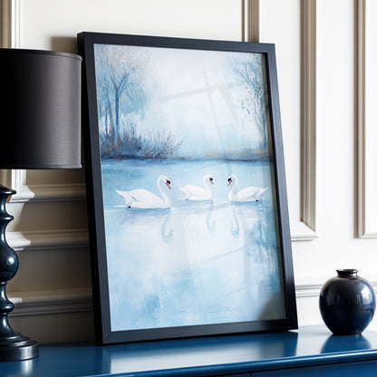 Swans in the Blue Stillness, blue, white, gray nature wall art displayed in a styled interior, gallery view 2