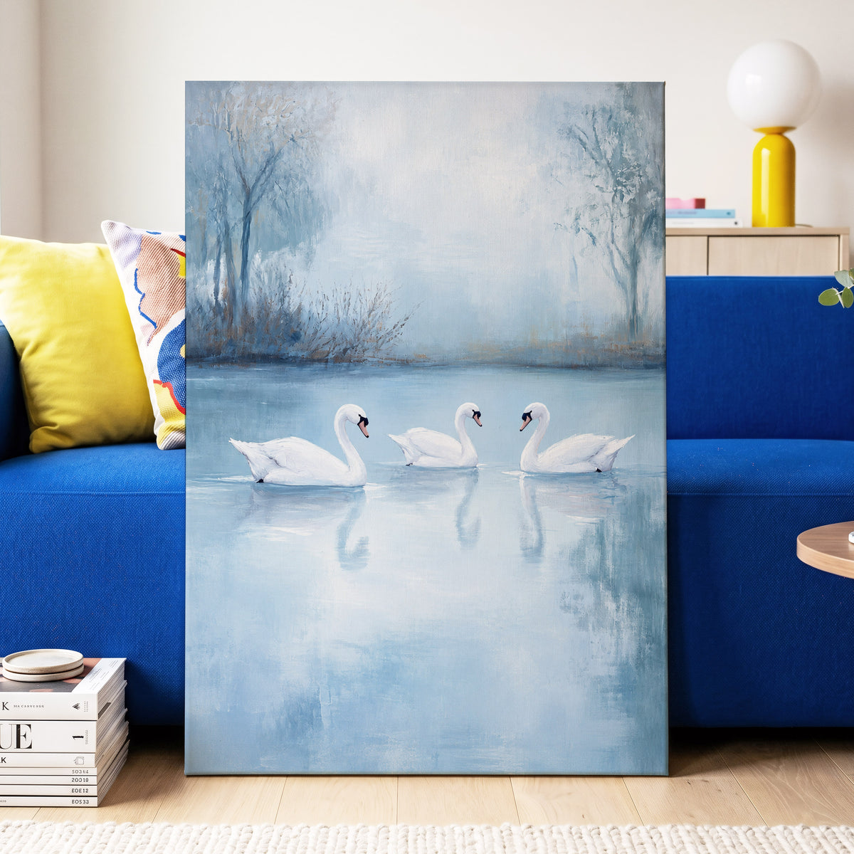 Swans in the Blue Stillness, blue, white, gray nature wall art displayed in a styled interior, gallery view 3