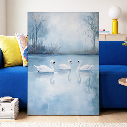 Swans in the Blue Stillness, blue, white, gray nature wall art displayed in a styled interior, gallery view 3
