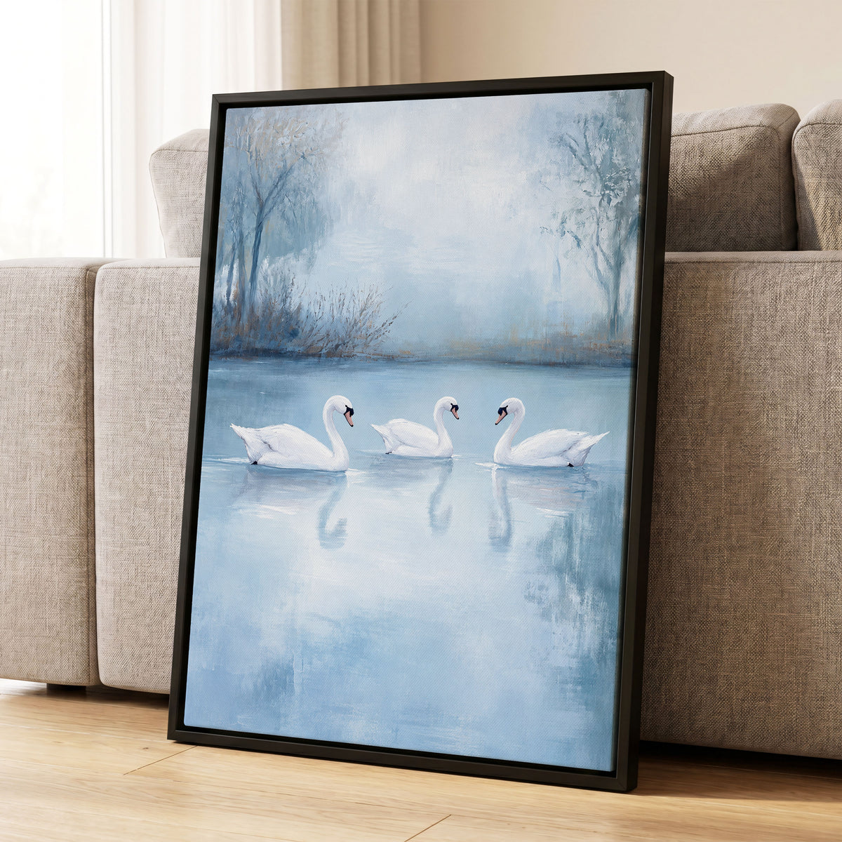 Swans in the Blue Stillness, blue, white, gray nature wall art displayed in a styled interior, gallery view 4
