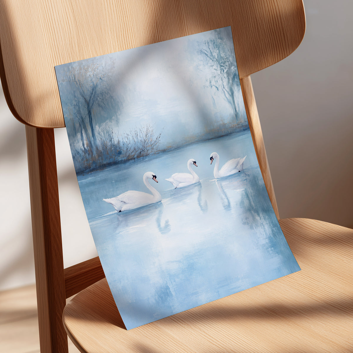 Swans in the Blue Stillness, blue, white, gray nature wall art displayed in a styled interior, gallery view 5