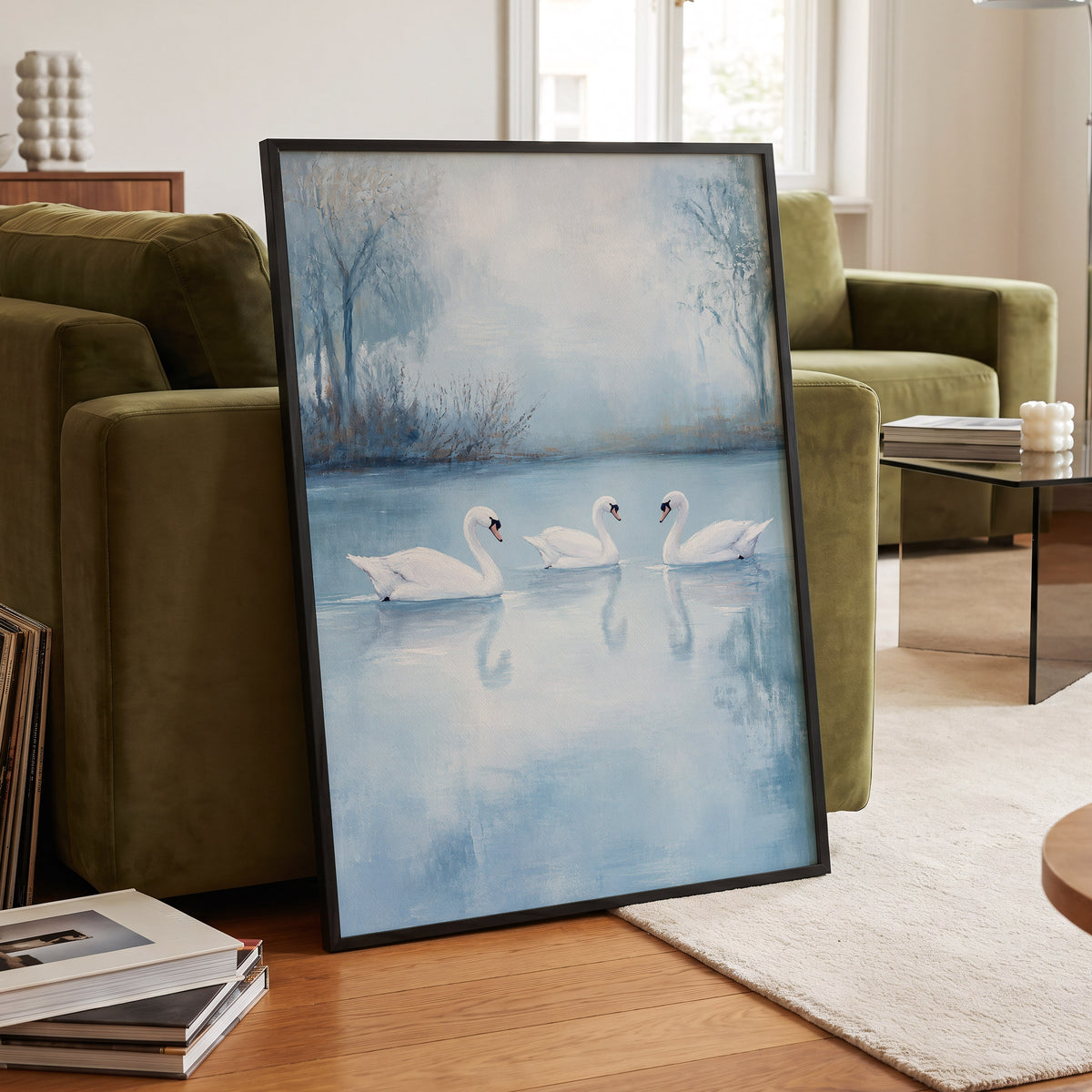 Swans in the Blue Stillness, blue, white, gray nature wall art displayed in a styled interior, gallery view 6