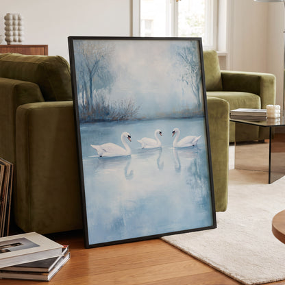 Swans in the Blue Stillness, blue, white, gray nature wall art displayed in a styled interior, gallery view 6