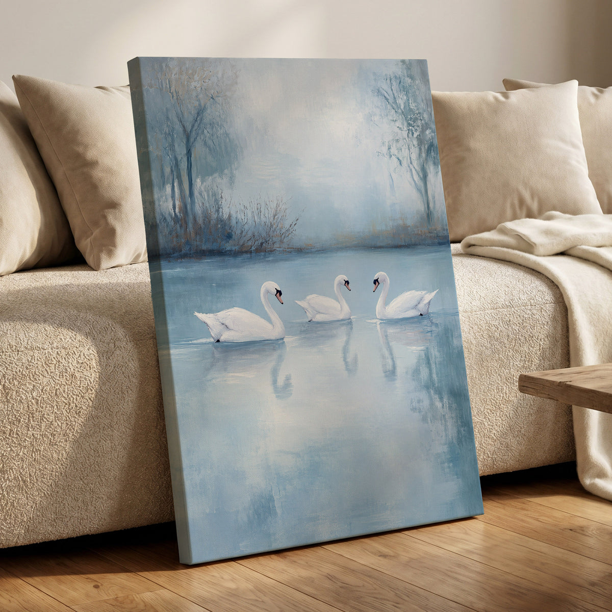 Swans in the Blue Stillness, blue, white, gray nature wall art displayed in a styled interior, gallery view 7