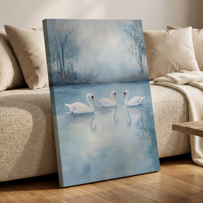 Swans in the Blue Stillness, blue, white, gray nature wall art displayed in a styled interior, gallery view 7