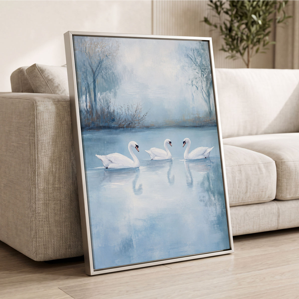 Swans in the Blue Stillness, blue, white, gray nature wall art displayed in a styled interior, gallery view 8