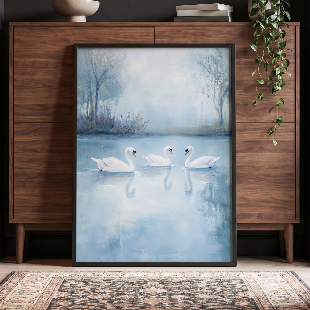 Swans in the Blue Stillness, blue, white, gray nature wall art displayed in a styled interior, gallery view 9
