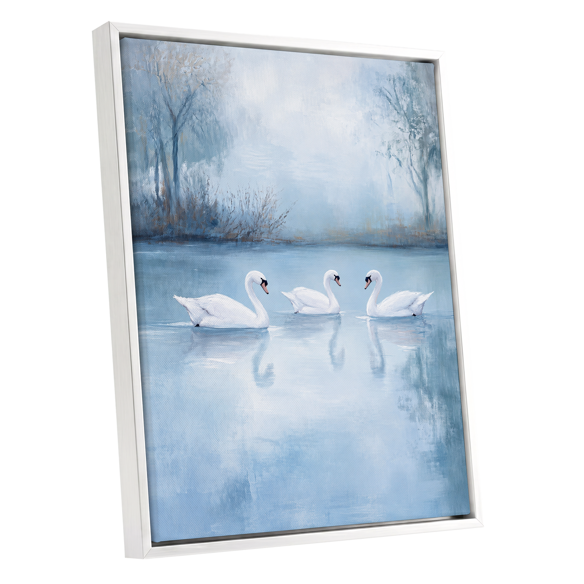 Swans in the Blue Stillness, blue, white, gray nature wall art shown as a white framed canvas wall art