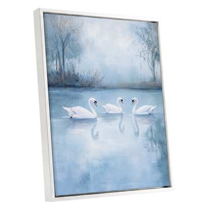 Swans in the Blue Stillness, blue, white, gray nature wall art shown as a white framed canvas wall art