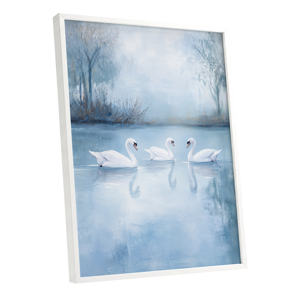 Swans in the Blue Stillness, blue, white, gray nature wall art shown as a white framed poster wall art print