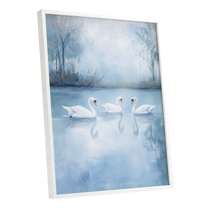 Swans in the Blue Stillness, blue, white, gray nature wall art shown as a white framed poster wall art print