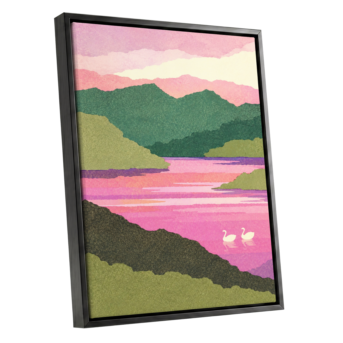 Swans on a Rosewater Lake, pink, green, purple nature wall art shown as a black framed canvas wall art
