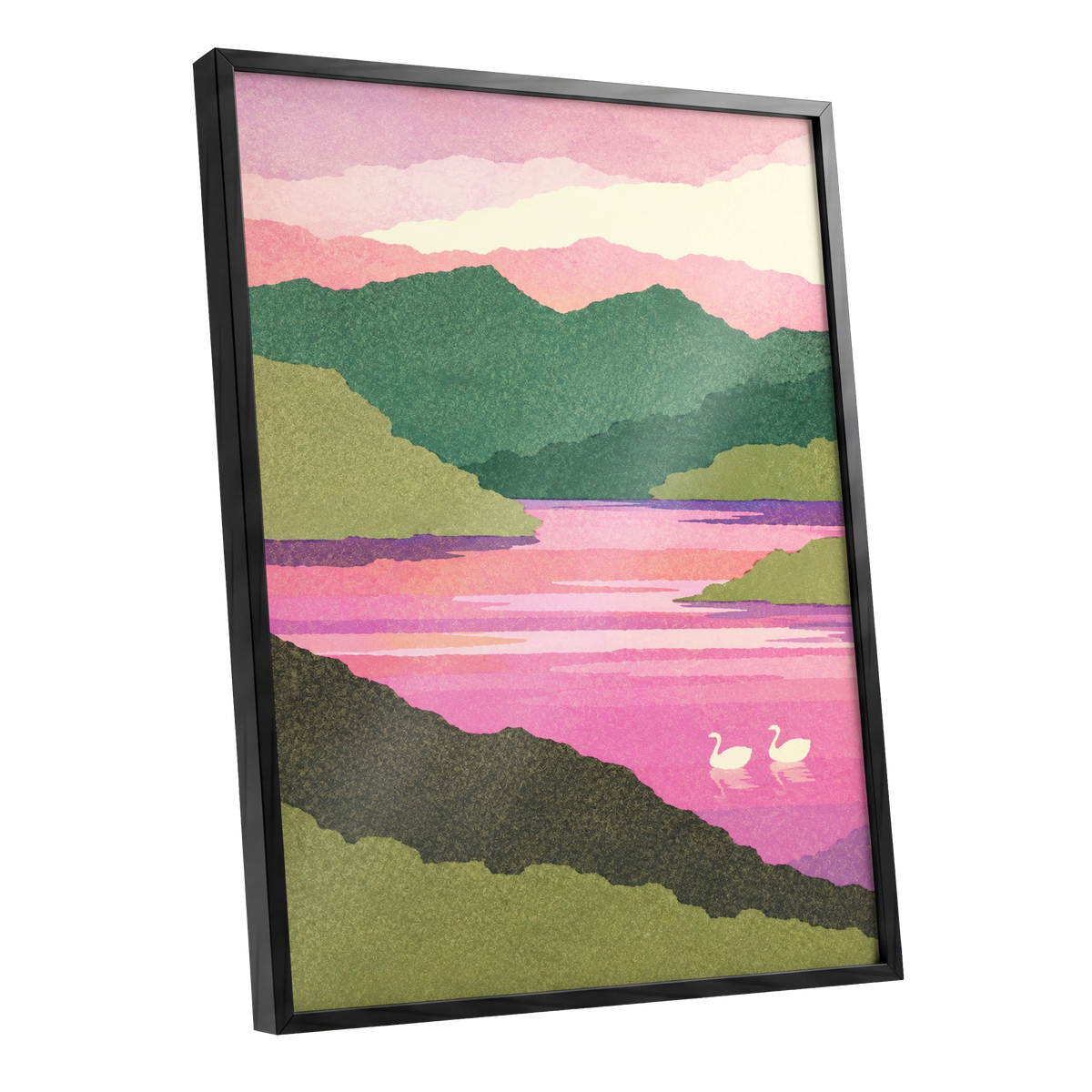 Swans on a Rosewater Lake, pink, green, purple nature wall art shown as a black framed poster wall art print