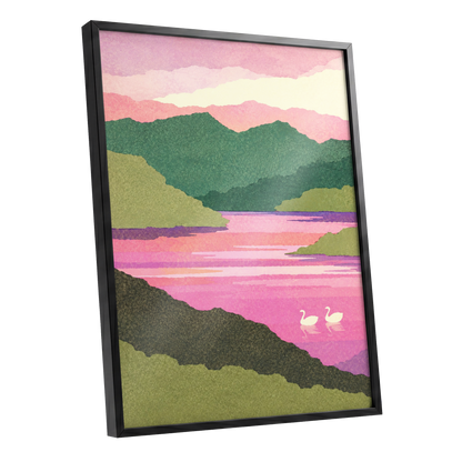 Swans on a Rosewater Lake, pink, green, purple nature wall art shown as a black framed poster wall art print