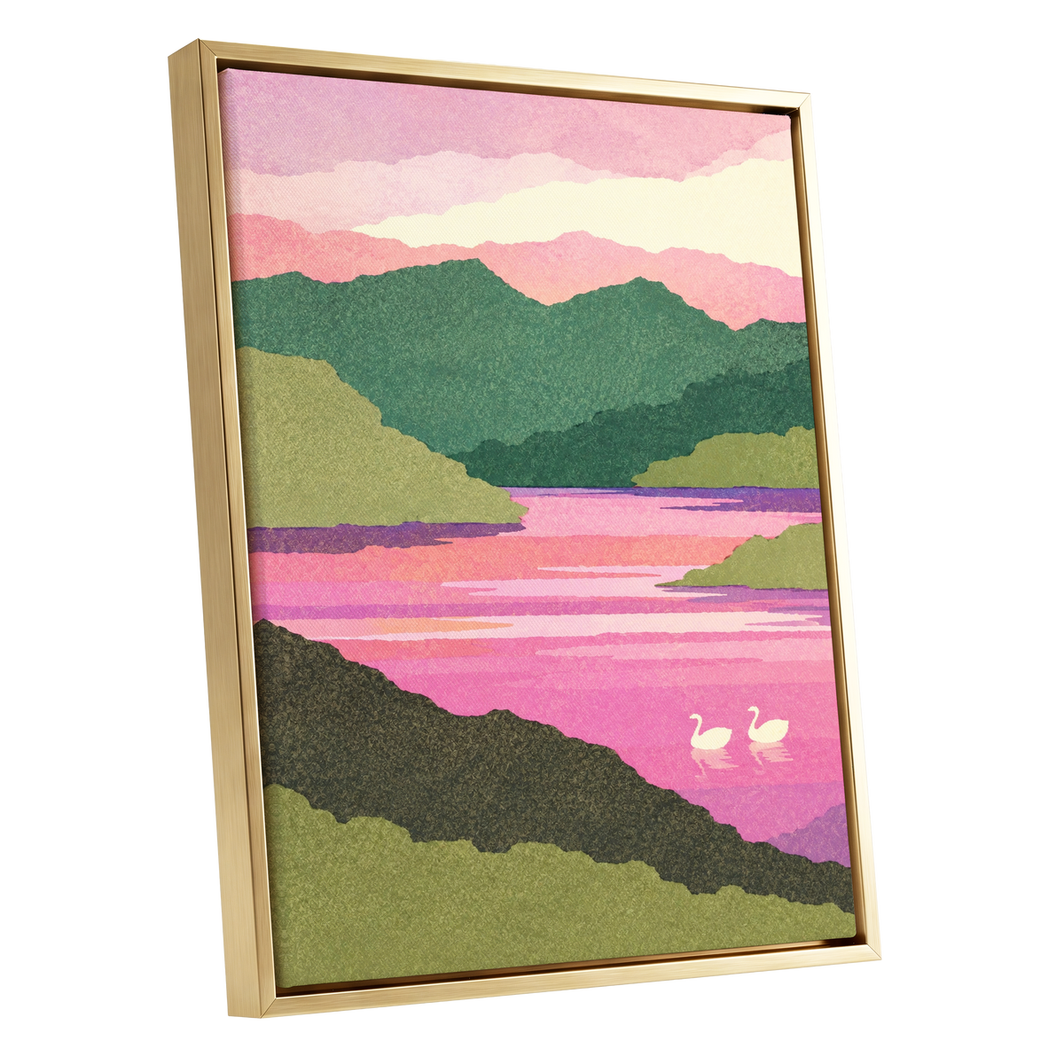 Swans on a Rosewater Lake, pink, green, purple nature wall art shown as a gold framed canvas wall art