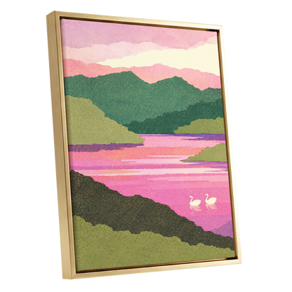 Swans on a Rosewater Lake, pink, green, purple nature wall art shown as a gold framed canvas wall art