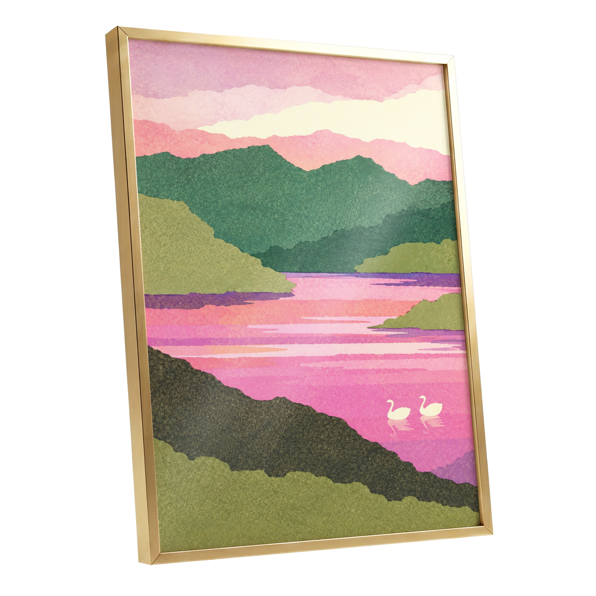 Swans on a Rosewater Lake, pink, green, purple nature wall art shown as a gold framed poster wall art print