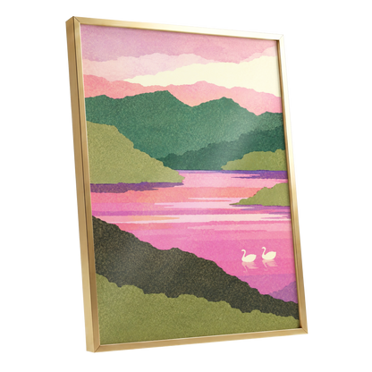 Swans on a Rosewater Lake, pink, green, purple nature wall art shown as a gold framed poster wall art print