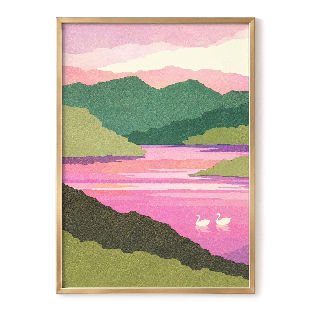 Swans on a Rosewater Lake, pink, green, purple nature wall art, front artwork view