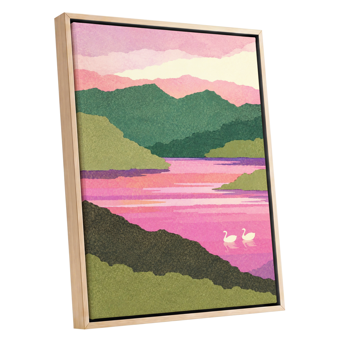 Swans on a Rosewater Lake, pink, green, purple nature wall art shown as a oak framed canvas wall art
