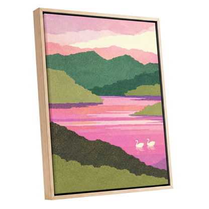 Swans on a Rosewater Lake, pink, green, purple nature wall art shown as a oak framed canvas wall art