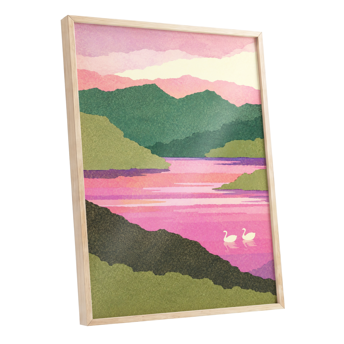 Swans on a Rosewater Lake, pink, green, purple nature wall art shown as a oak framed poster wall art print