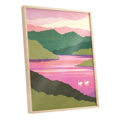 Swans on a Rosewater Lake, pink, green, purple nature wall art shown as a oak framed poster wall art print