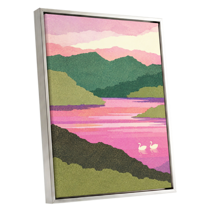 Swans on a Rosewater Lake, pink, green, purple nature wall art shown as a silver framed canvas wall art