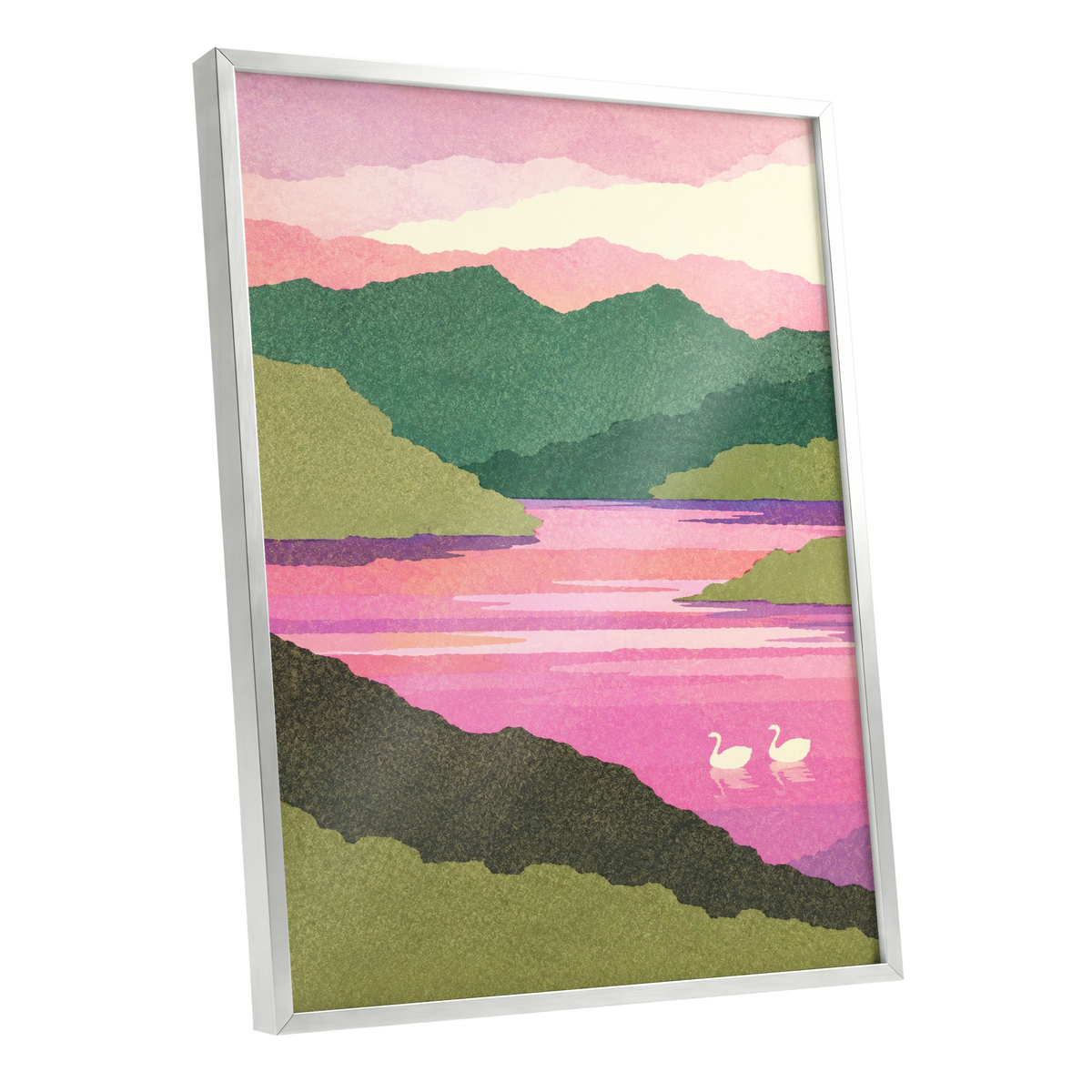 Swans on a Rosewater Lake, pink, green, purple nature wall art shown as a silver framed poster wall art print