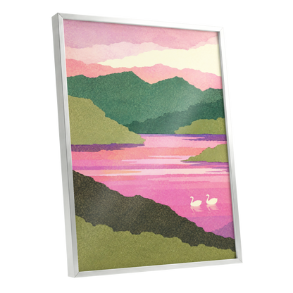 Swans on a Rosewater Lake, pink, green, purple nature wall art shown as a silver framed poster wall art print