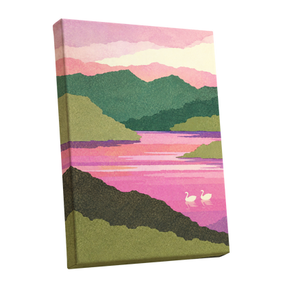 Swans on a Rosewater Lake, pink, green, purple nature wall art shown as a stretched canvas wall art