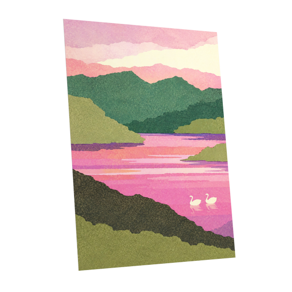 Swans on a Rosewater Lake, pink, green, purple nature wall art shown as a unframed poster wall art print