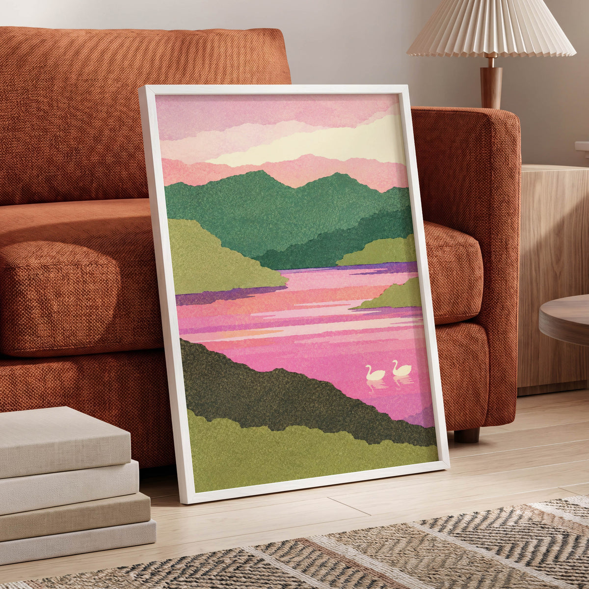 Swans on a Rosewater Lake, pink, green, purple nature wall art displayed in a styled interior, gallery view 2