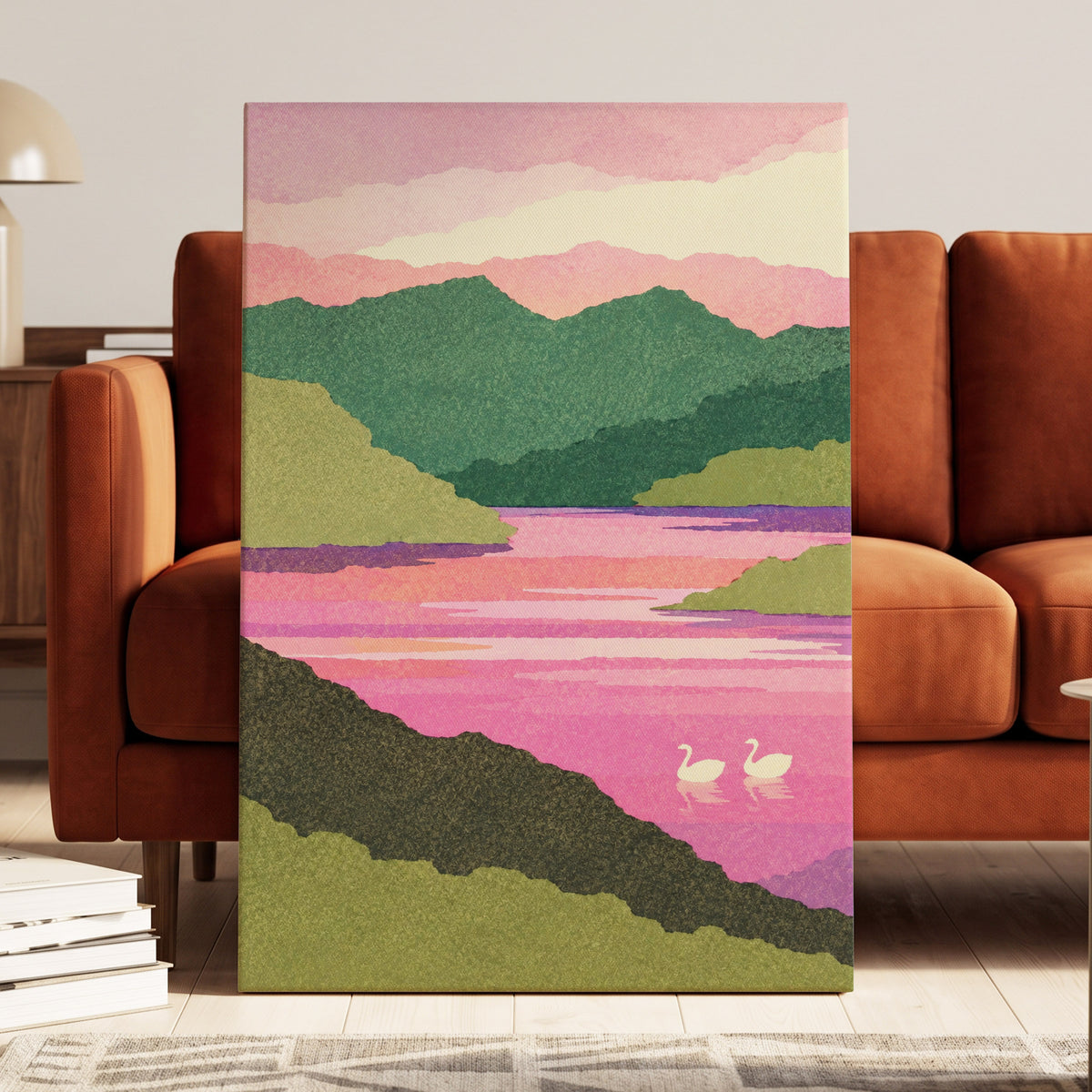 Swans on a Rosewater Lake, pink, green, purple nature wall art displayed in a styled interior, gallery view 3