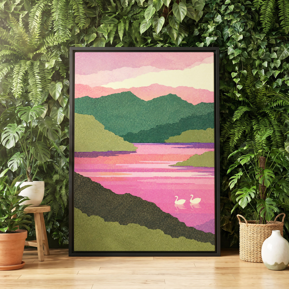 Swans on a Rosewater Lake, pink, green, purple nature wall art displayed in a styled interior, gallery view 4