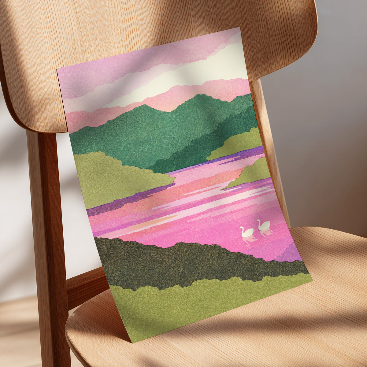 Swans on a Rosewater Lake, pink, green, purple nature wall art displayed in a styled interior, gallery view 5