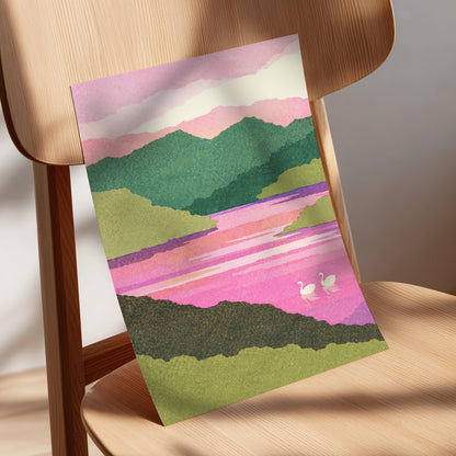 Swans on a Rosewater Lake, pink, green, purple nature wall art displayed in a styled interior, gallery view 5
