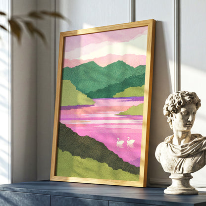 Swans on a Rosewater Lake, pink, green, purple nature wall art displayed in a styled interior, gallery view 6