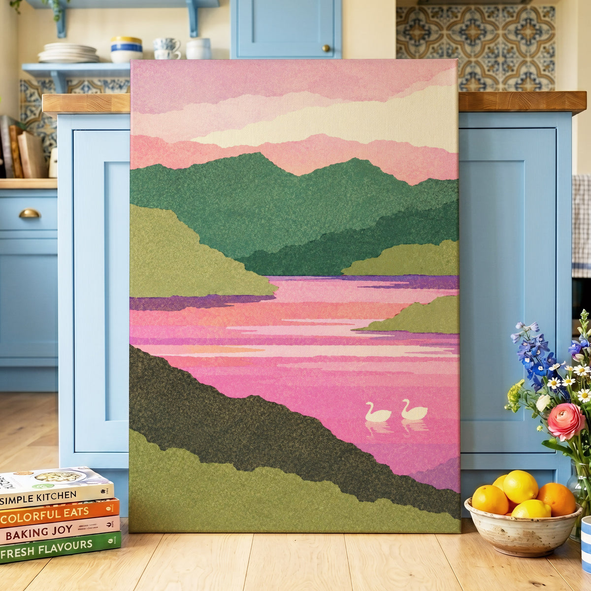 Swans on a Rosewater Lake, pink, green, purple nature wall art displayed in a styled interior, gallery view 7