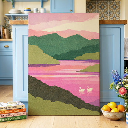 Swans on a Rosewater Lake, pink, green, purple nature wall art displayed in a styled interior, gallery view 7