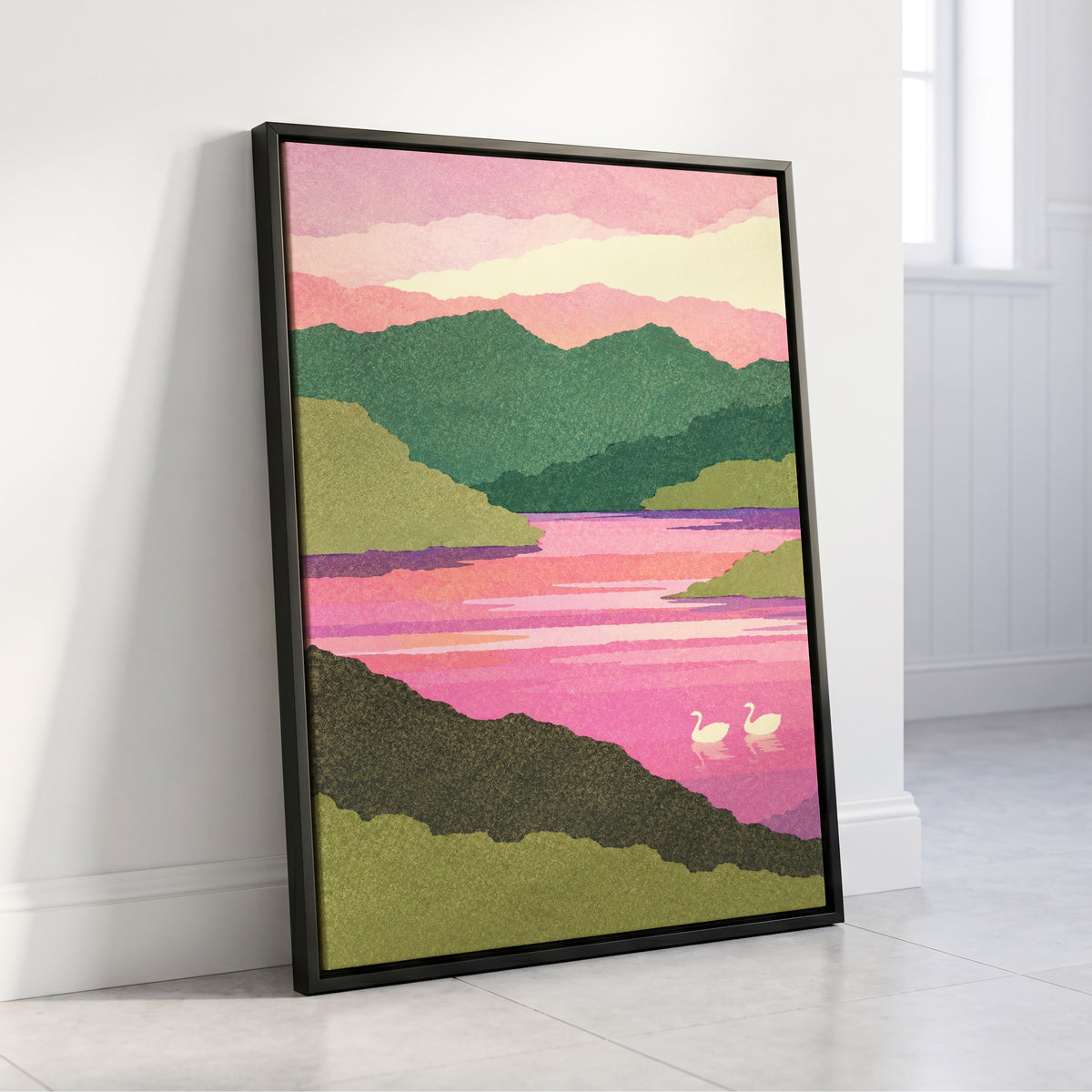Swans on a Rosewater Lake, pink, green, purple nature wall art displayed in a styled interior, gallery view 8