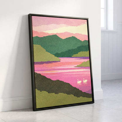 Swans on a Rosewater Lake, pink, green, purple nature wall art displayed in a styled interior, gallery view 8