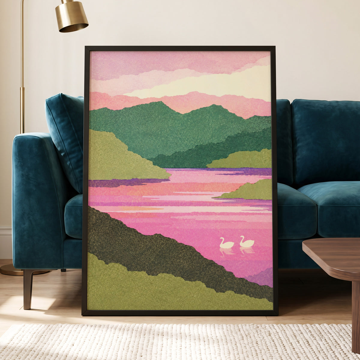 Swans on a Rosewater Lake, pink, green, purple nature wall art displayed in a styled interior, gallery view 9