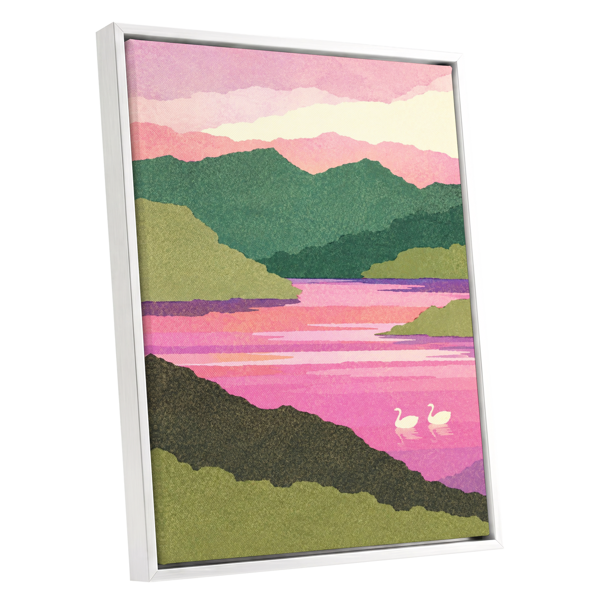 Swans on a Rosewater Lake, pink, green, purple nature wall art shown as a white framed canvas wall art
