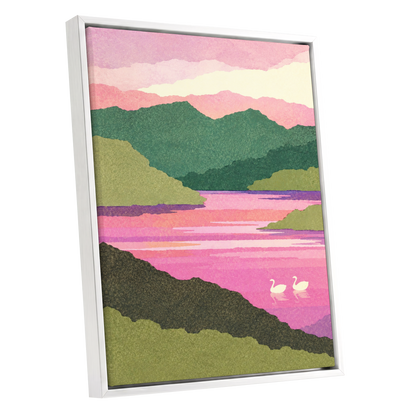 Swans on a Rosewater Lake, pink, green, purple nature wall art shown as a white framed canvas wall art