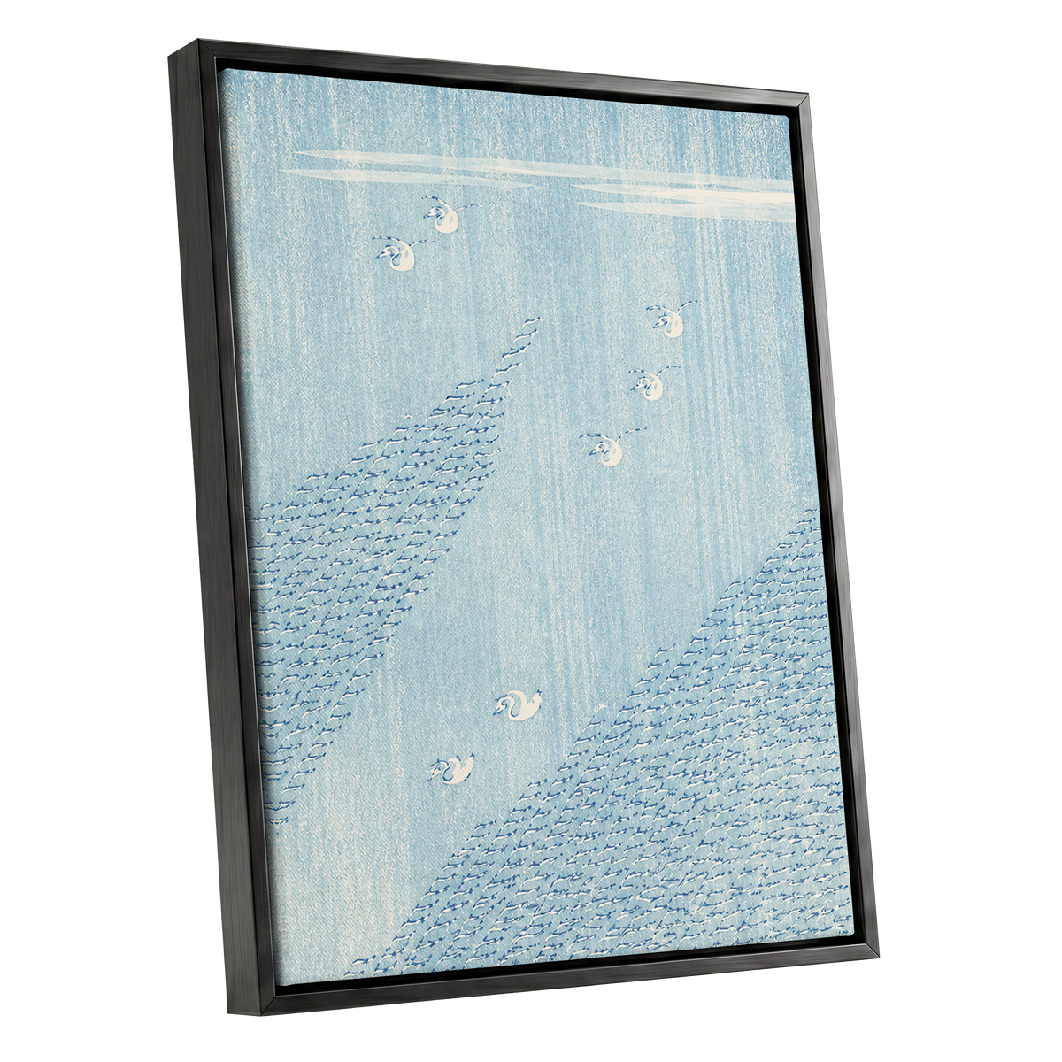 Swanwater Rhythm, blue, white, beige nature wall art shown as a black framed canvas wall art