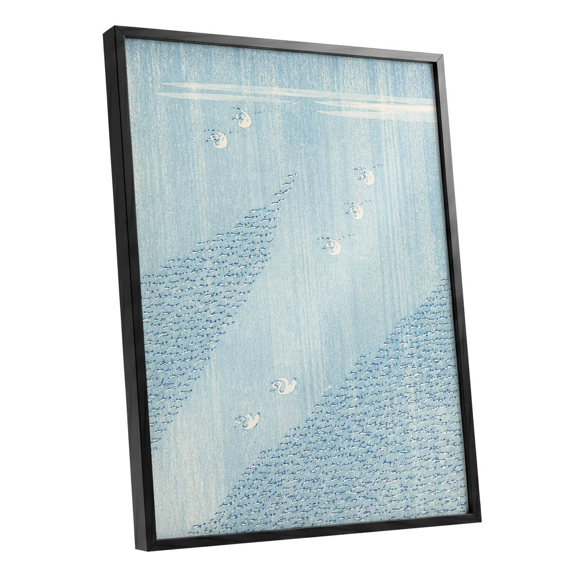 Swanwater Rhythm, blue, white, beige nature wall art shown as a black framed poster wall art print